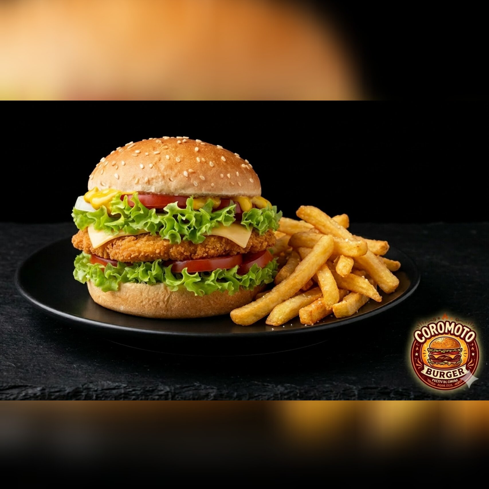 Hamburguesa de pollo con papas fritas