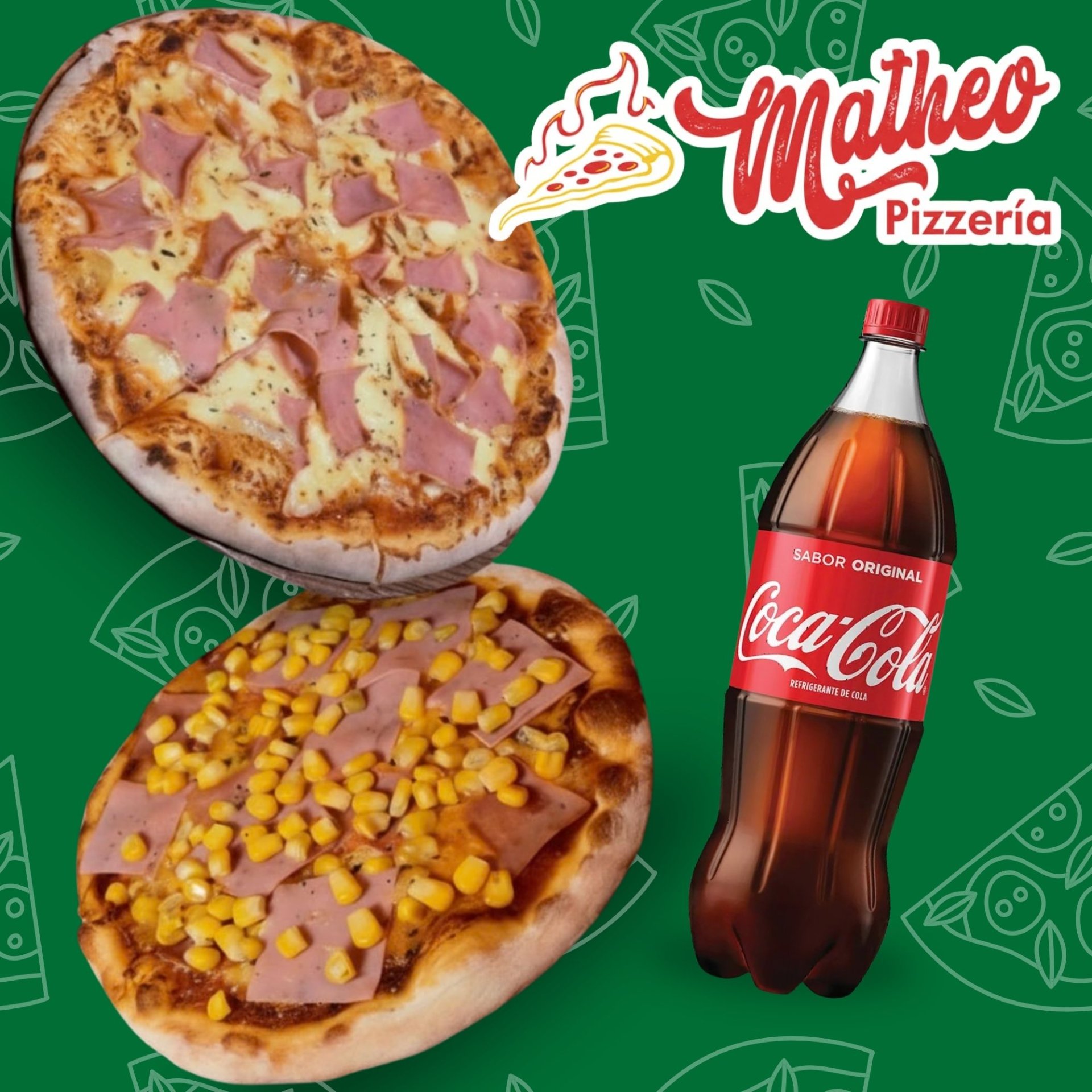 2 Pizzas de 33cm con jamón, maiz, peperonni +1 refresco Coca-Cola 1.5lt