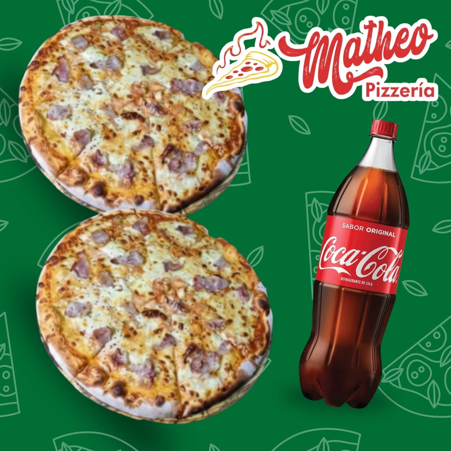 2 Pizzas familiares con tocineta + 1.5LT de refresco