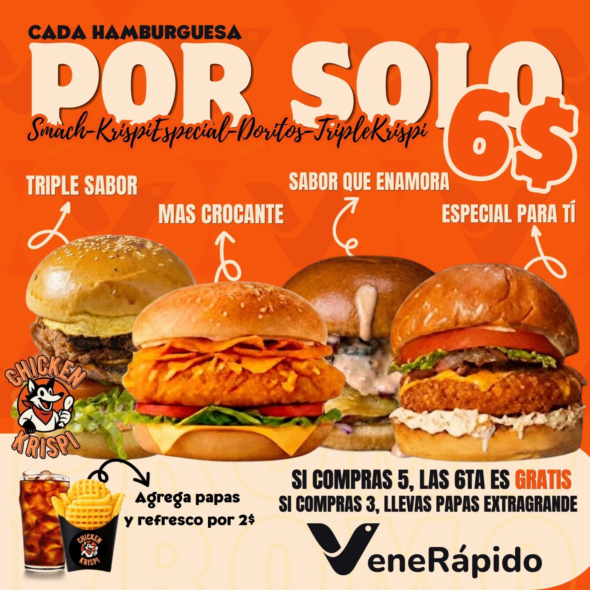PROMO HAMBURGUESA + BEBIDA + PAPAS 8$